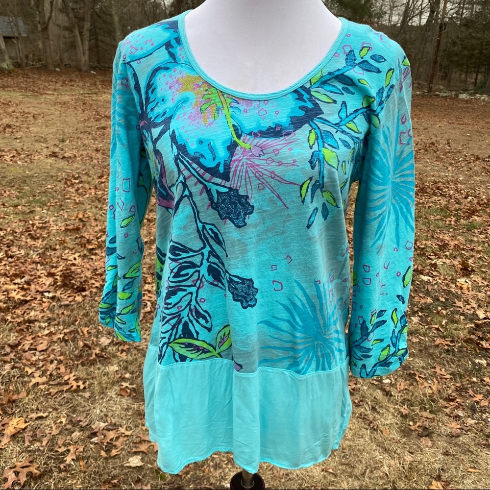 FRESH PRODUCE TOP TUNIC SCOOP NECK BLUE GREEN FLORAL Size S